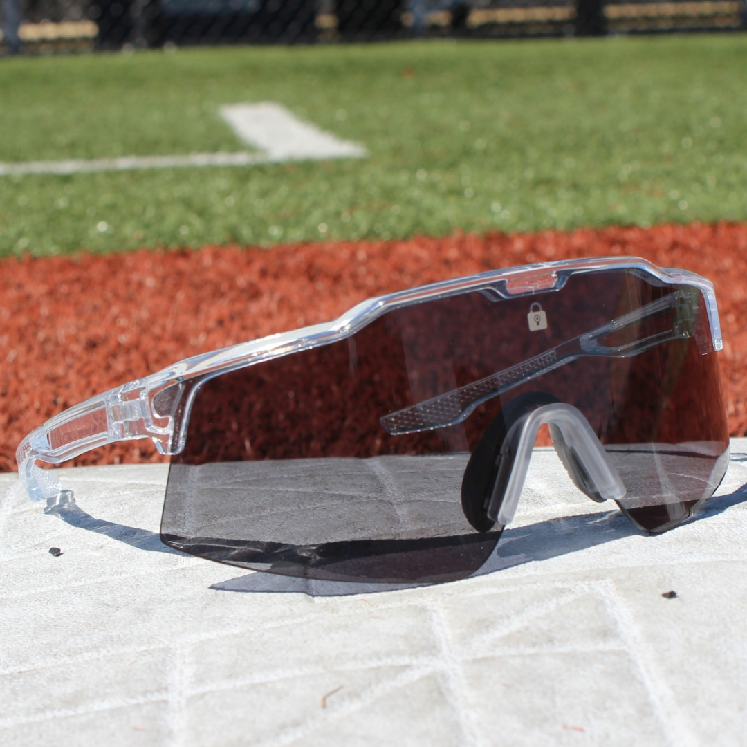Front view of Veteran Model Sunglasses with durable clear frame and polarized lenses, ideal for baseball players seeking maximum protection and style.