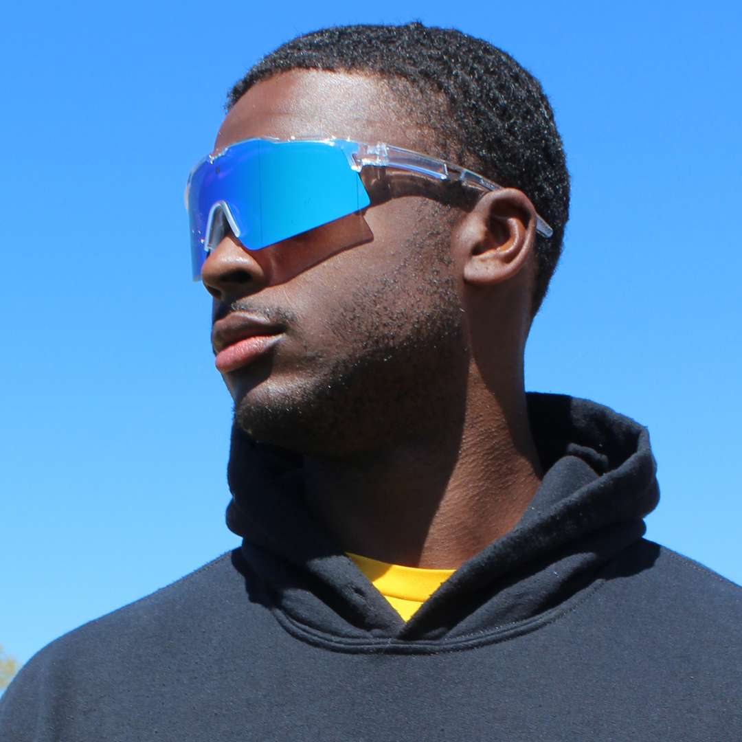 Image of Black Model wearing Ace Blue Lens Polarized Baseball Sunglasses from Locked Eyewear.