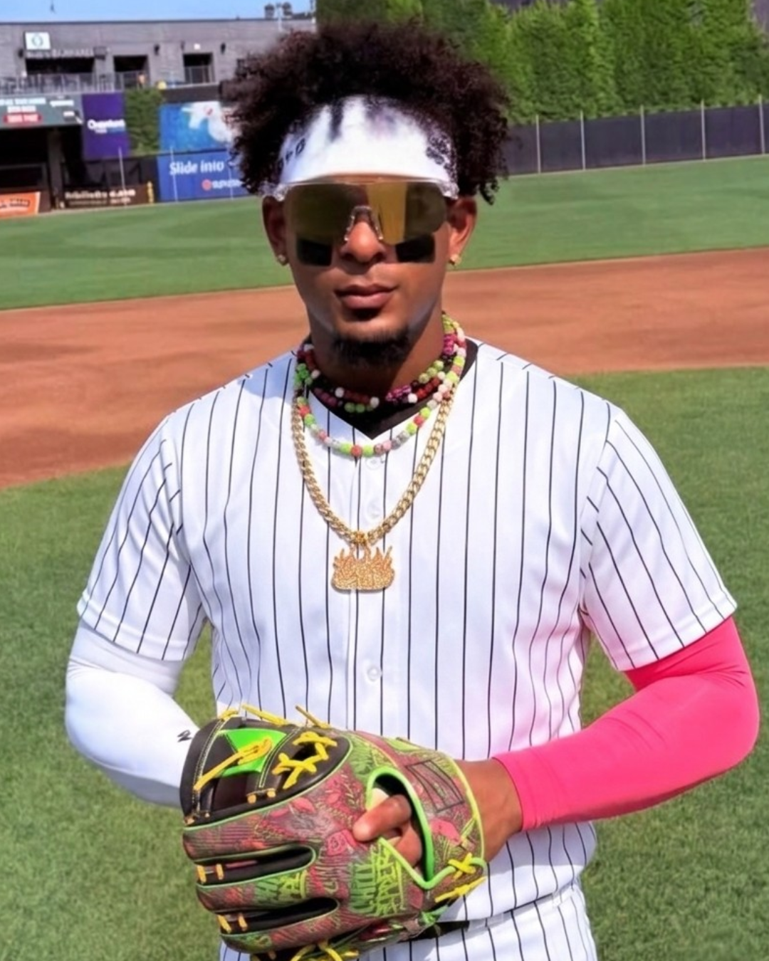 A man on a baseball field wearing a white pinstripe baseball jersey, a white visor, gold mirrored sunglasses, layered gold necklaces, a pink long-sleeve shirt under a white undershirt, and a colorful baseball glove.