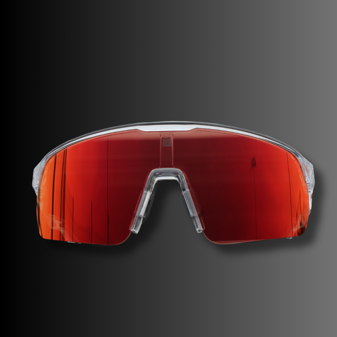 Locked Eyewear Revelation red lens sport sunglasses front view – high-performance baseball sunglasses with clear zigzag frame and bold red mirrored shield