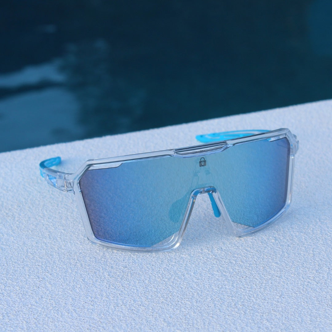 Close-up shot of SlickSlider baseball sport sunglasses, showcasing high-quality polarized lenses and a durable frame, ideal for preventing glare and enhancing visibility on the baseball field.