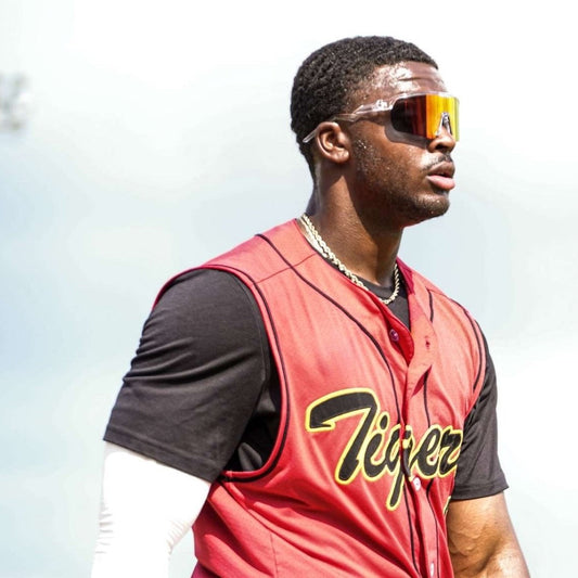 Image of black baseball player Lamar Bennett wearing Locked eyewear high performing baseball sport sunglasses.