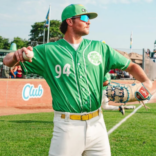 Locked Athlete MJ Sweeney wearing Locked baseball sunglasses on the field as a rising draft prospect for the MLB Draft.