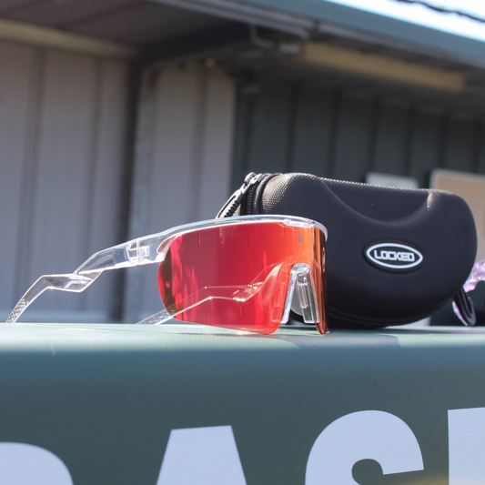 Front view of Revelation Pro Series baseball sunglasses with gold polarized lens and clear zig-zag frame - UV400 sport sunglasses by Locked Eyewear.