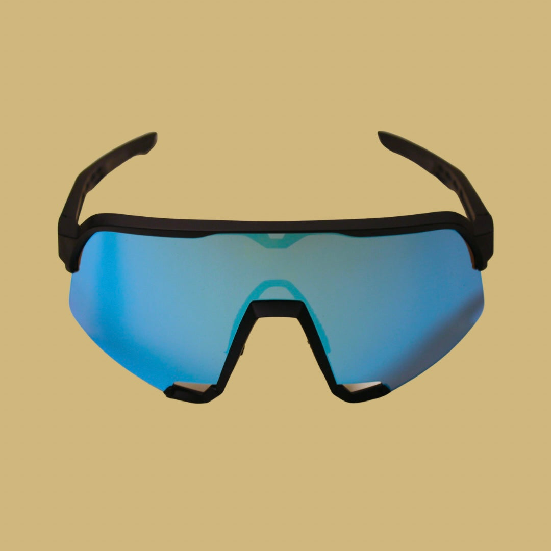 Front view of The Royal sports sunglasses for baseball, emphasizing the trendy sturdiness and vibrant blue lenses made for athletic performance.