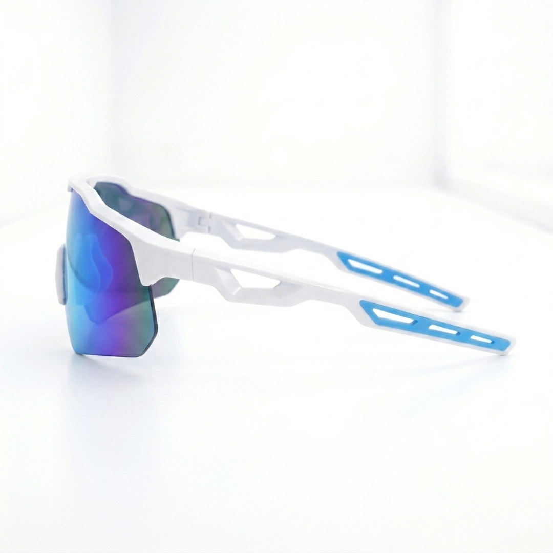 Locked Eyewear Awaken baseball sunglasses side profile white frame with blue accents designed for secure hat fit during travel ball tourney play