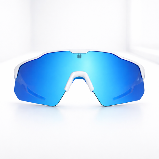 Locked Eyewear Awaken baseball sunglasses front view white frame with blue accents designed for pro-grade visual clarity during bright outdoor game conditions