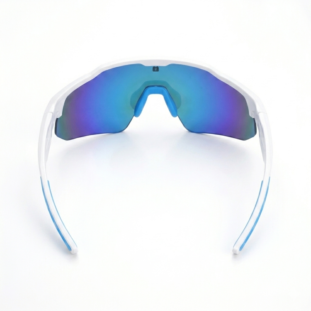 Locked Eyewear Awaken baseball sunglasses lens close-up reflective blue lens designed for glare reduction during varsity baseball games in peak sun