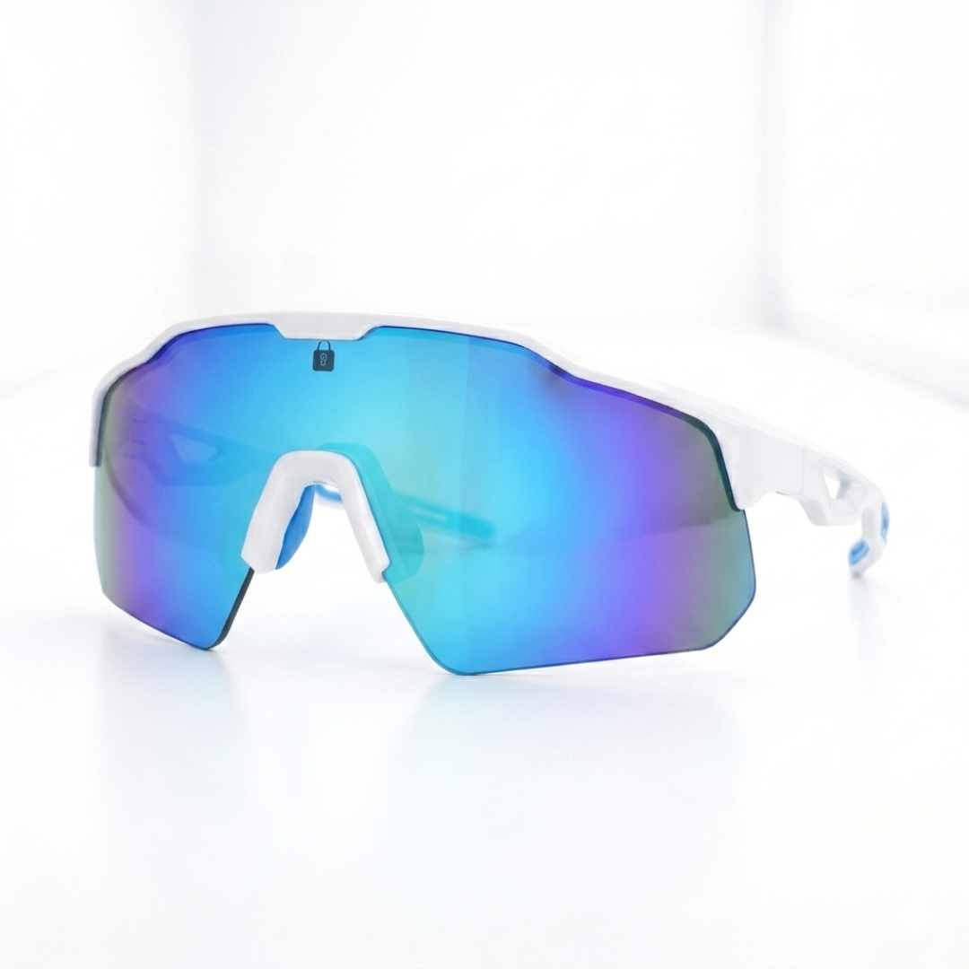 Locked Eyewear Awaken baseball sunglasses three-quarter angle white sport frame with reflective blue lends designed for outfielders tracking fly balls during high-sun afternoon games