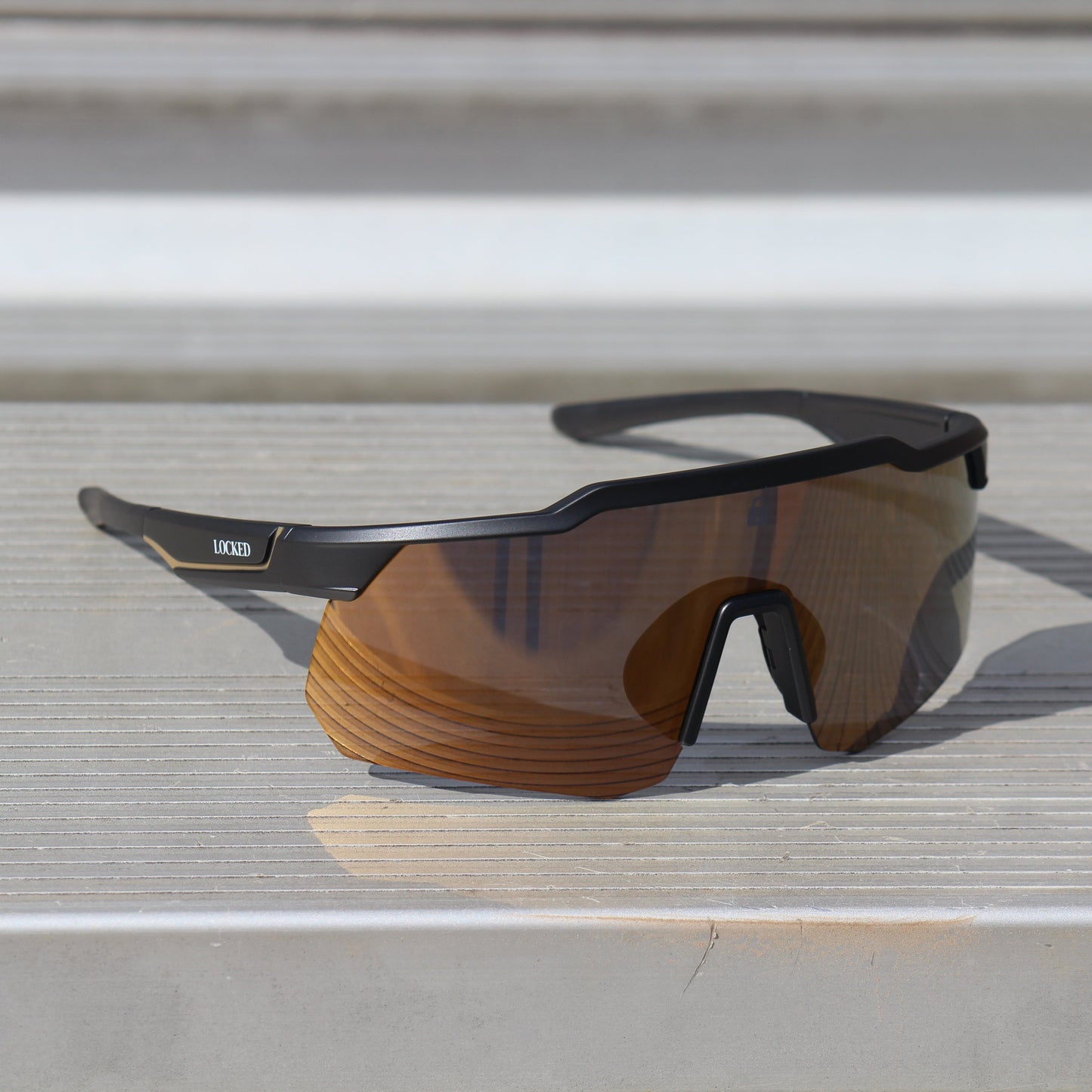 Right-angled view of Locked Eyewear Defender sunglasses, showcasing the ergonomic frame built for comfort and performance.