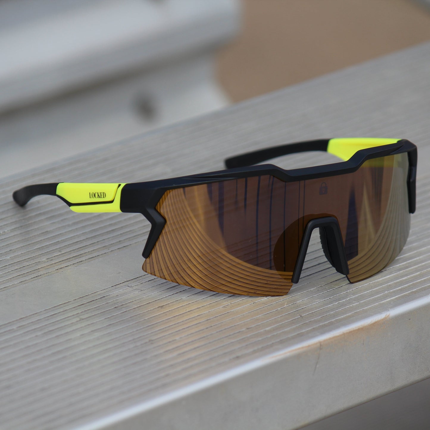 Right-angled view of Locked Eyewear Firefly sunglasses, highlighting a stylish, performance-ready design.