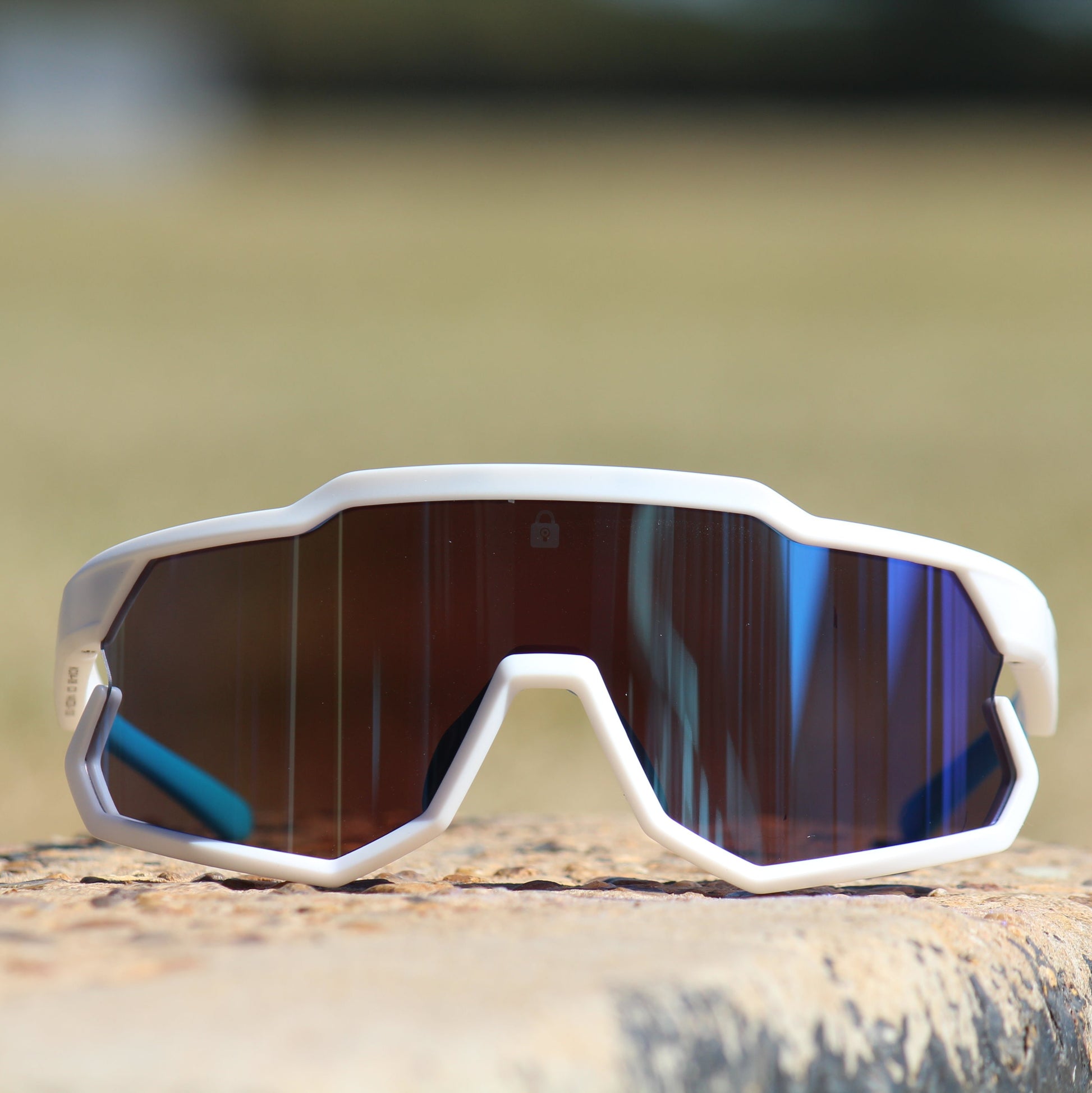 Front Zoom view of Locked Eyewear FirstPitch sunglasses, designed for optimal fit and durability in intense sports environments.