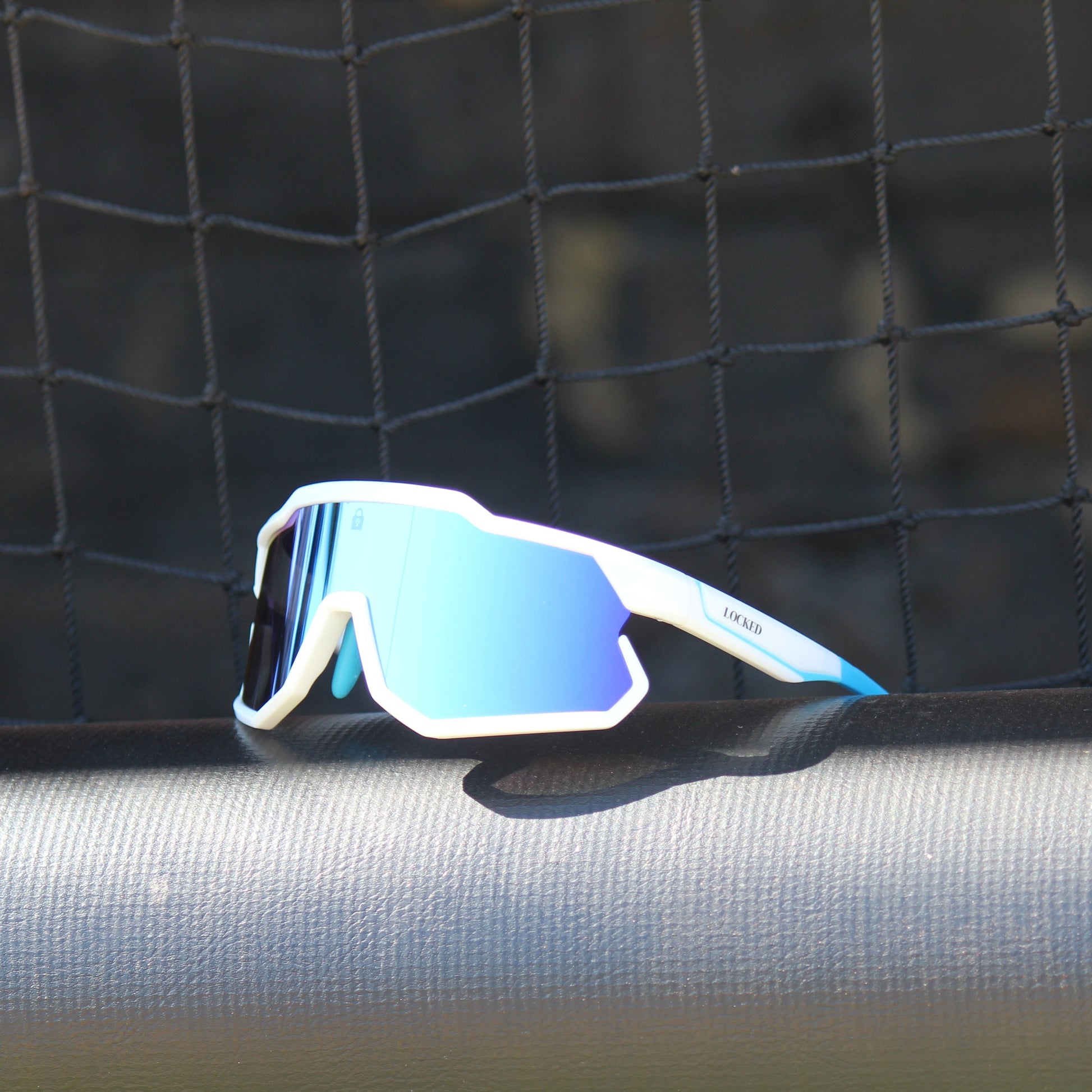 Left Side view of Locked Eyewear FirstPitch sunglasses, emphasizing lightweight construction for comfortable all-day wear.