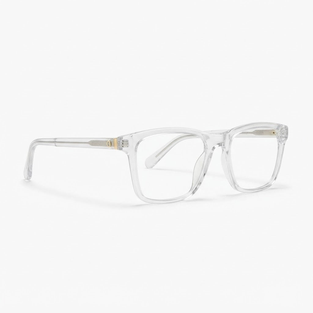 Side view of Locked Eyewear Load clear blue light glasses showing low-profile translucent frame for athletes on screens off the field