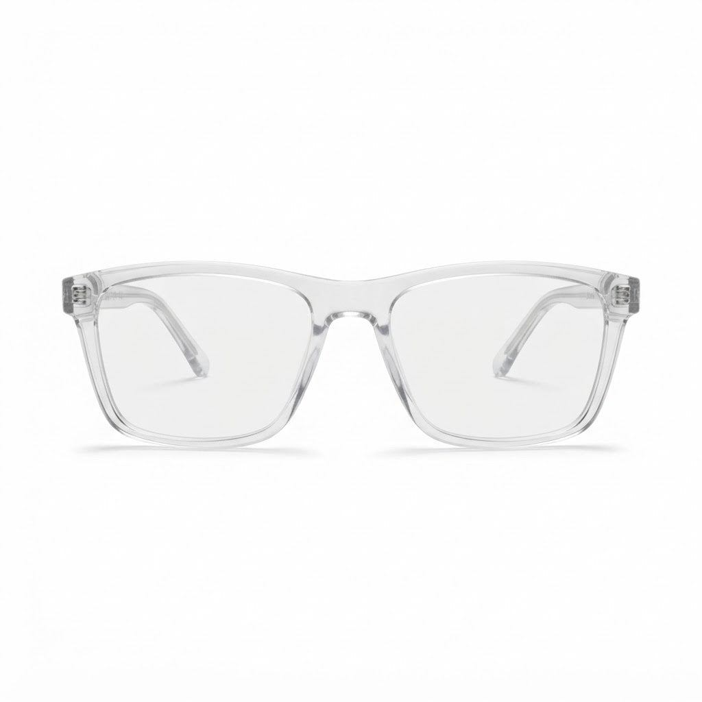 Locked Eyewear Load blue light glasses with clear traslucent frame, filters blue light with no color tiny, built for all-day screen and film-study wear
