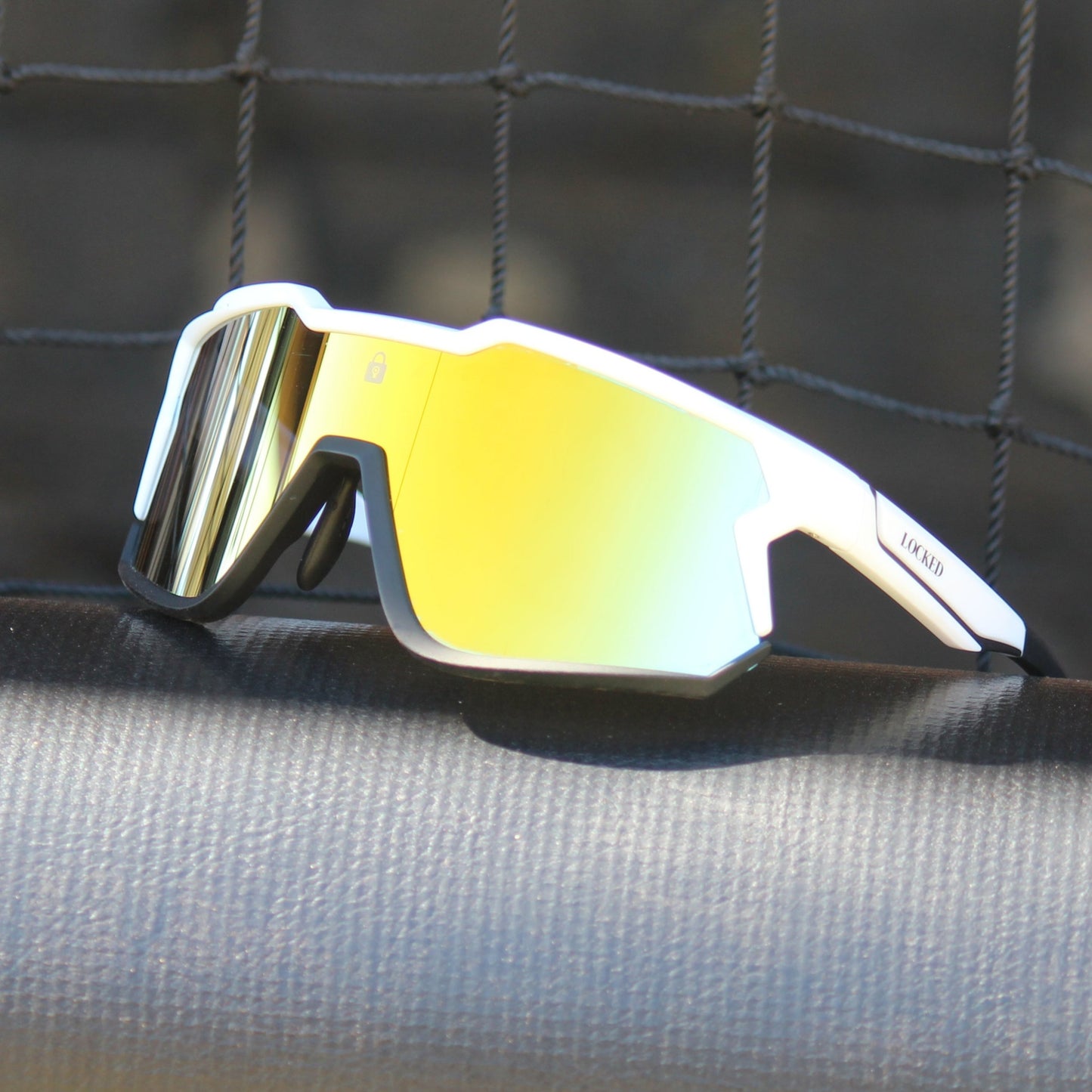 Right Angle Picture of Locked Eyewear Lockdown sunglasses, emphasizing a secure fit and lightweight construction for active use