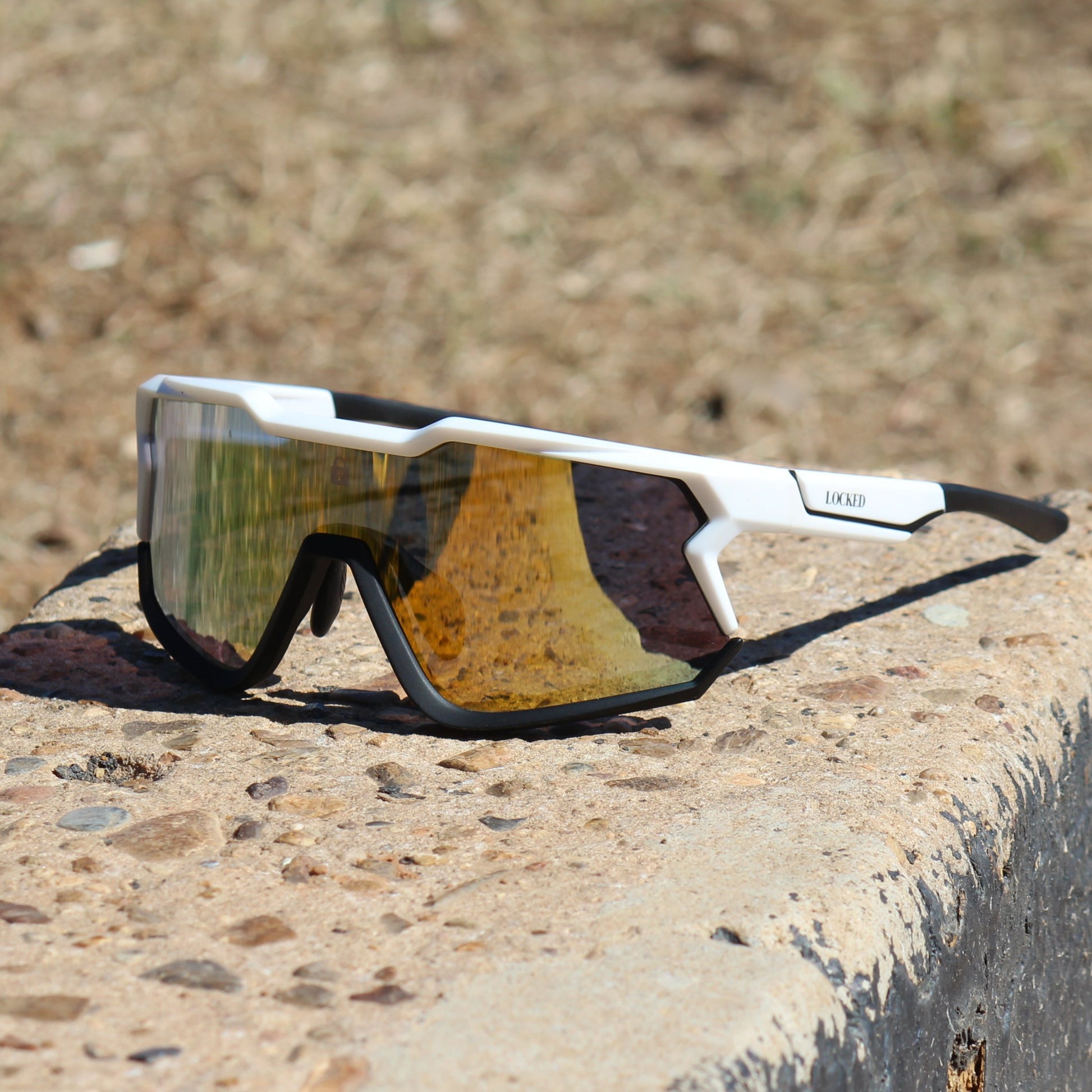 Left Side angled view of Locked Eyewear Lockdown sunglasses, showcasing their durable frame and anti-reflective lens technology.