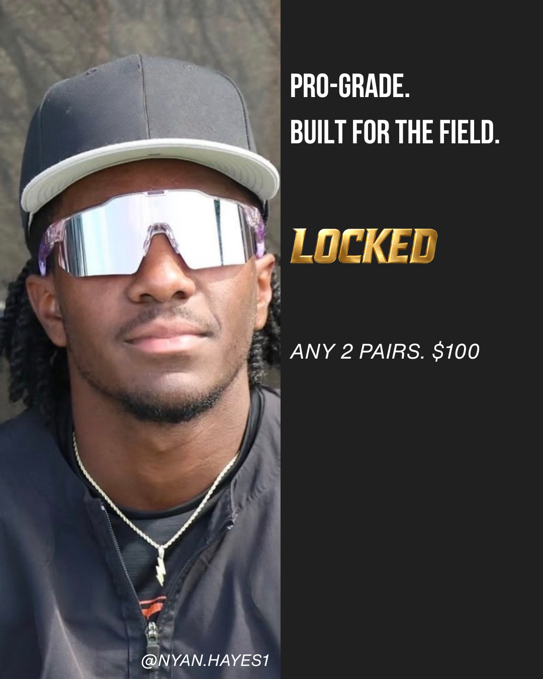 Baseball player wearing Locked Eyewear PA10 baseball sunglasses with a purple frame and mirrored shield lens. Pro-grade. Built for the field. Any 2 pairs for $100.