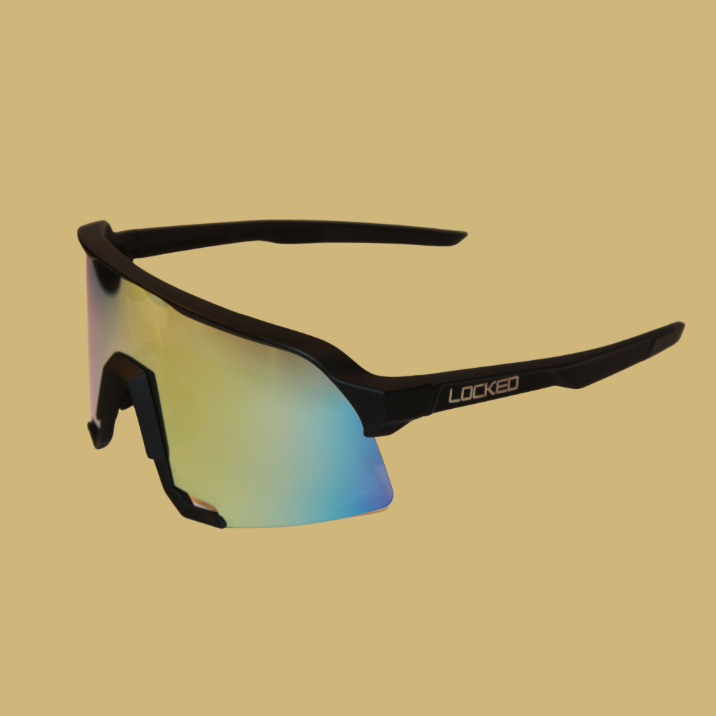 Playoff baseball shades at an angled left view, featuring a black sturdy sports frame and gold lenses designed for maximum protection during gameplay.