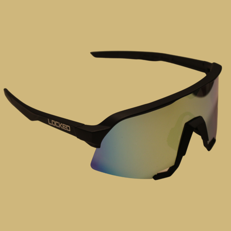 Playoff high-performance baseball sunglasses displayed at an angled right view, showcasing their durable construction combined with stylish gold polarized lenses.