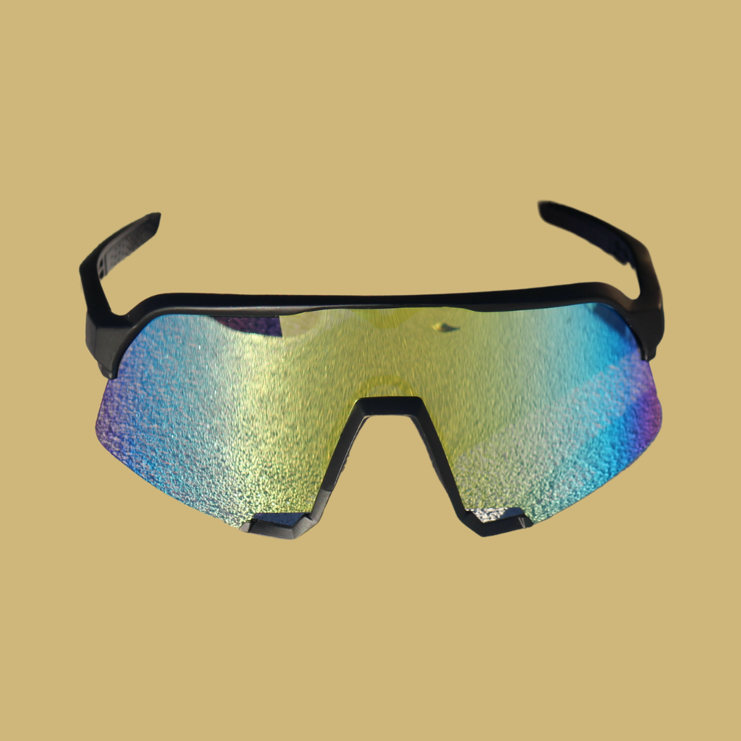 Front view of Playoff sports sunglasses for baseball, emphasizing the bold black frame and gold lenses that offer superior style and visibility for athletes.