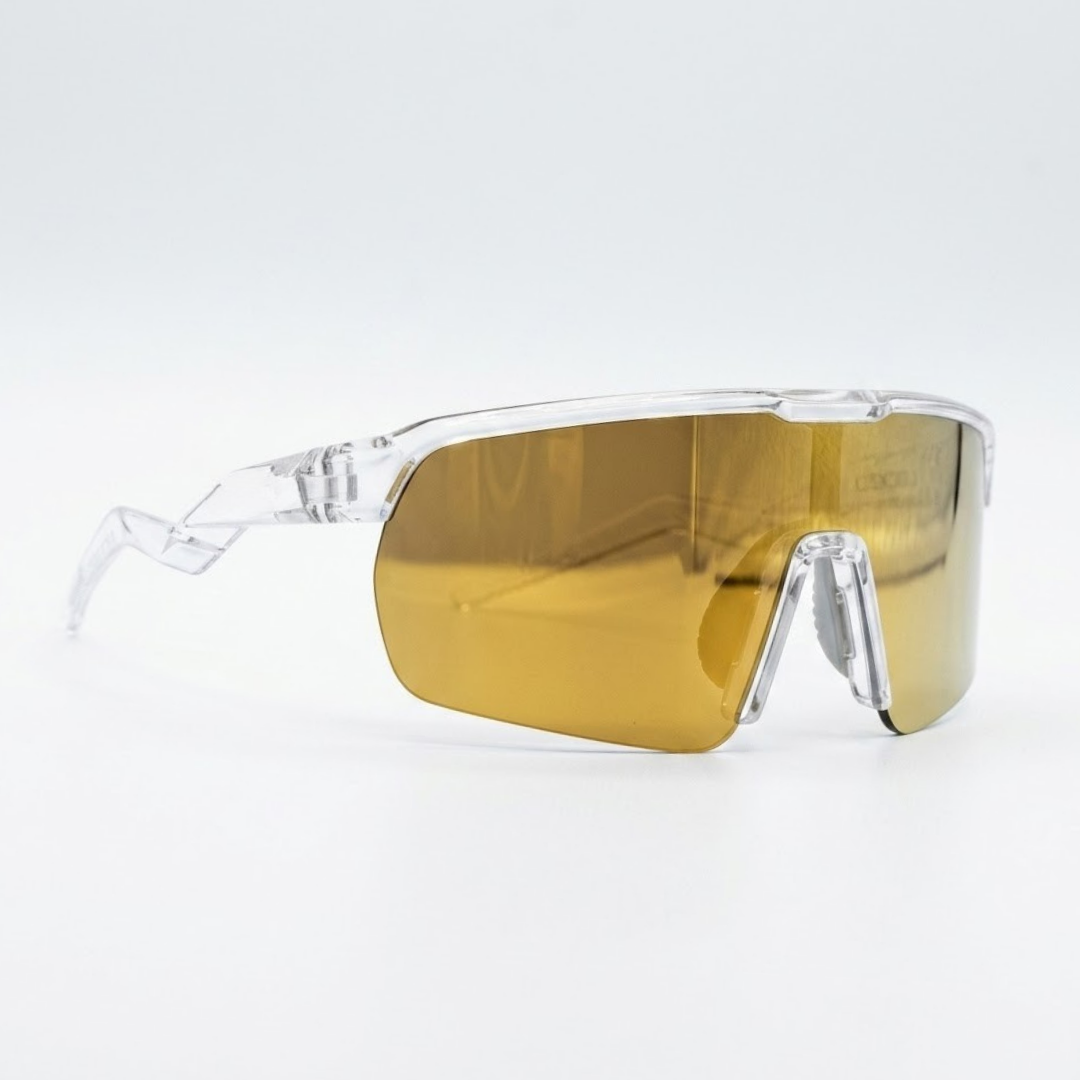 Locked Eyewear Revelation gold lens baseball sunglasses in a clear frame for college hitters with a non-polarized contrast lens designed to keep depth perception sharp when batting into a high sun