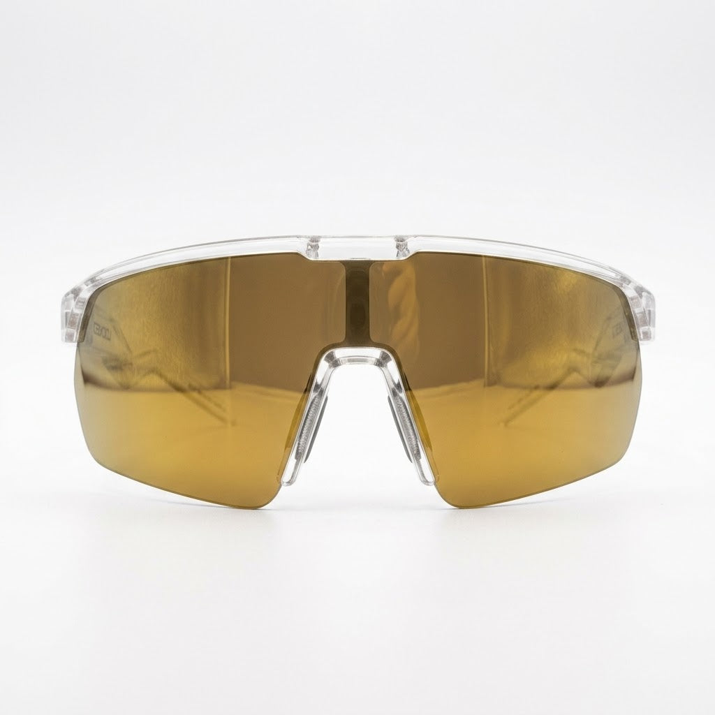 Locked Eyewear Revelation gold lens baseball sunglasses in a clear frame for outfielders with a full non-polarized shield lens designed for uninterrupted field vision while reading fly balls in bright conditions