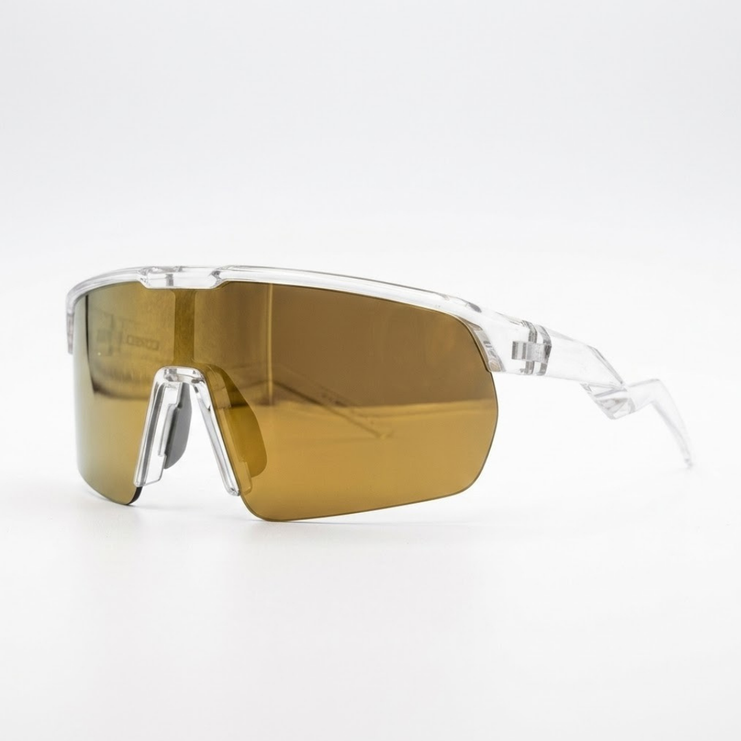 Locked Eyewear Revelation gold lens baseball sunglasses in a clear frame for pitchers with a non-polarized mirrored lens and wraparound coverage designed to block side glare on the mound during midday starts