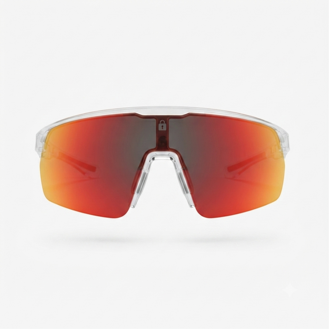 Locked Eyewear Revelation red lens baseball sunglasses in a clear frame for high school hitters with a non-polarized red lens designed to pick up spin and seams while batting in bright afternoon light