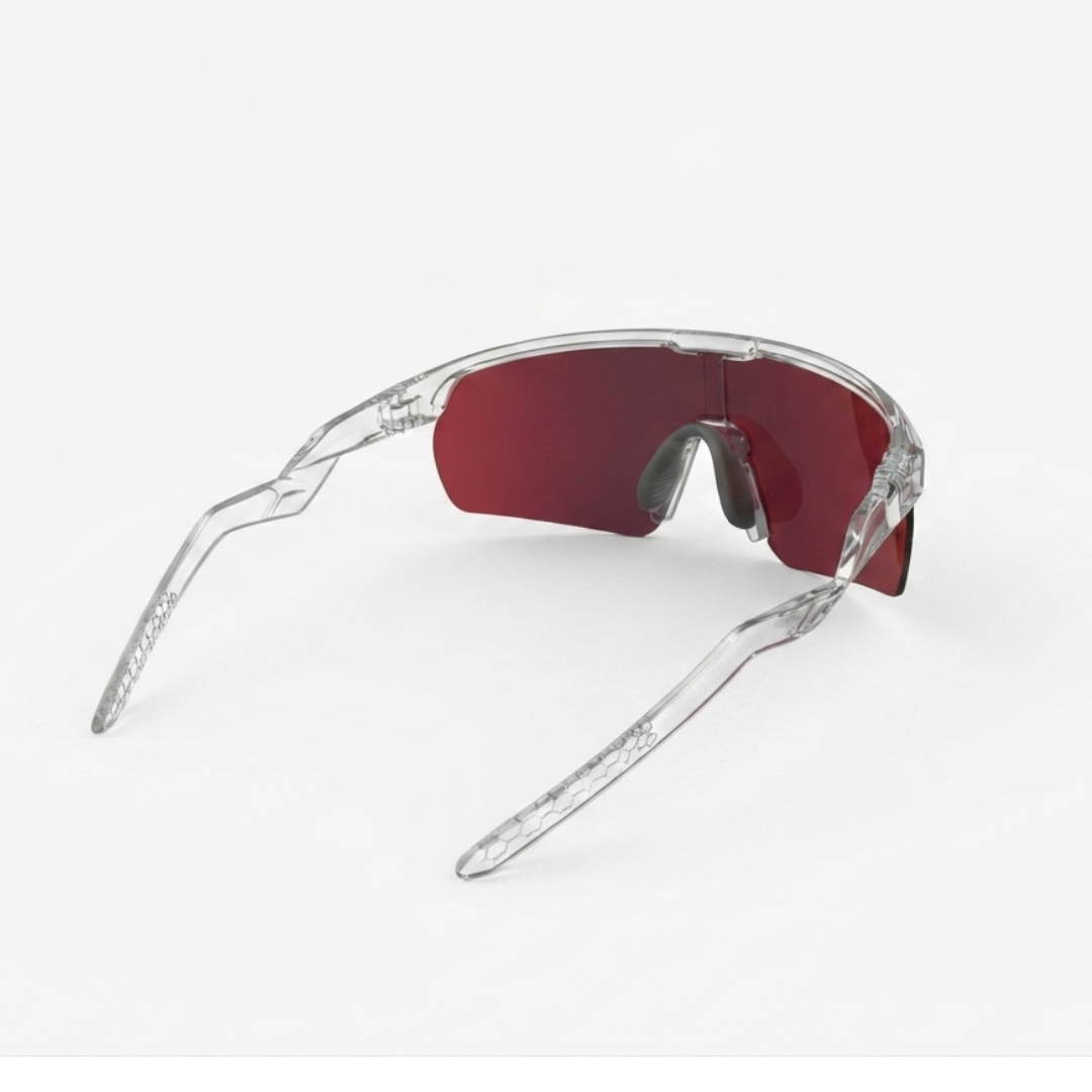 Locked Eyewear Revelation red lens baseball sunglasses in a clear frame for catchers with a non-polarized lens and secure temple fit designed to stay locked in under a helmet during day games
