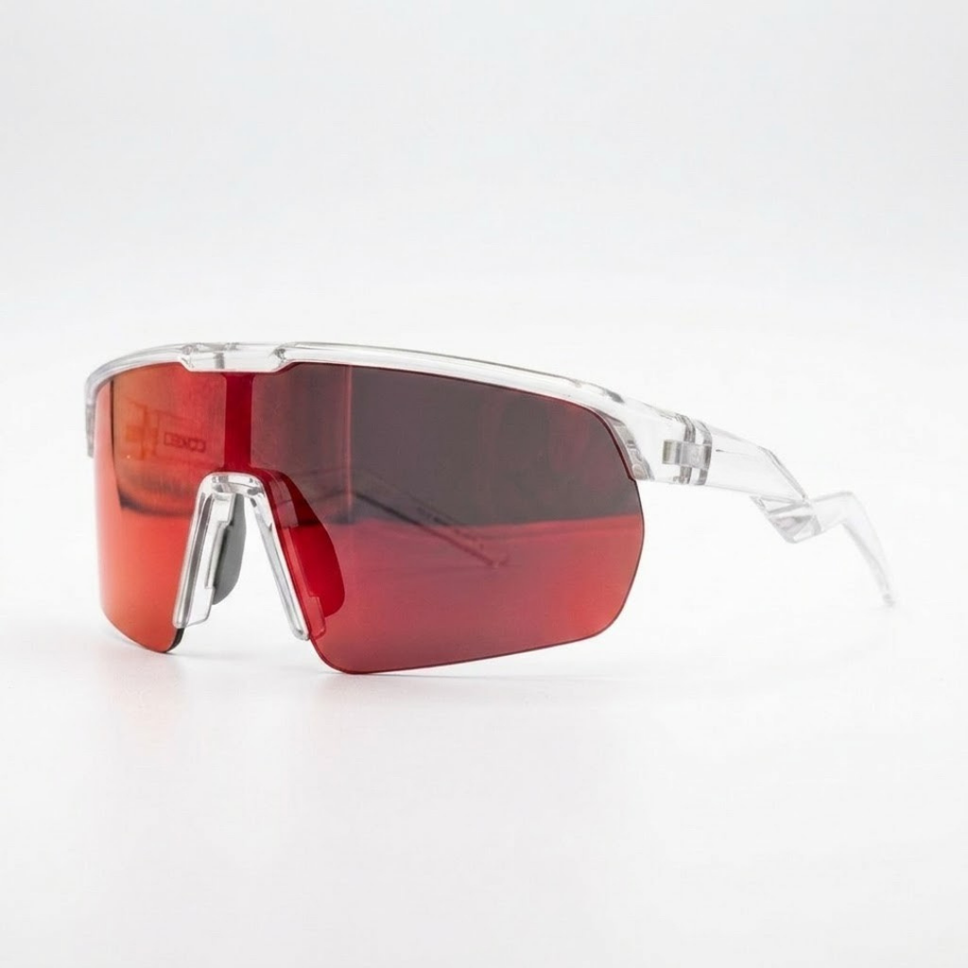 Locked Eyewear Revelation red lens baseball sunglasses in a clear frame for infielders with a non-polarized contrast lens and wraparound coverage designed for clean reads on grounders during sunny day games