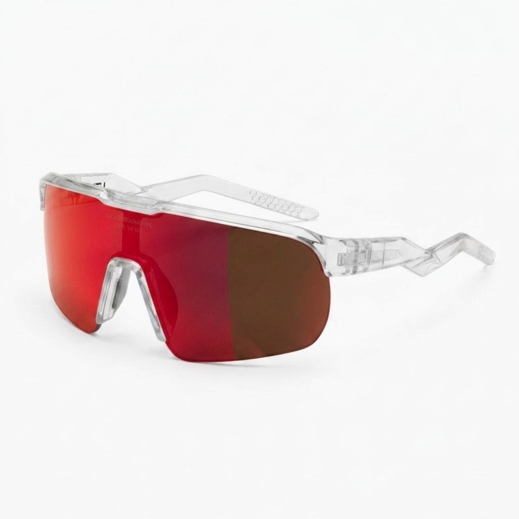 Locked Eyewear Revelation red lens baseball sunglasses in a clear frame for outfielders with a high-contrast non-polarized lens designed to sharpen depth perception while tracking fly balls under bright sun