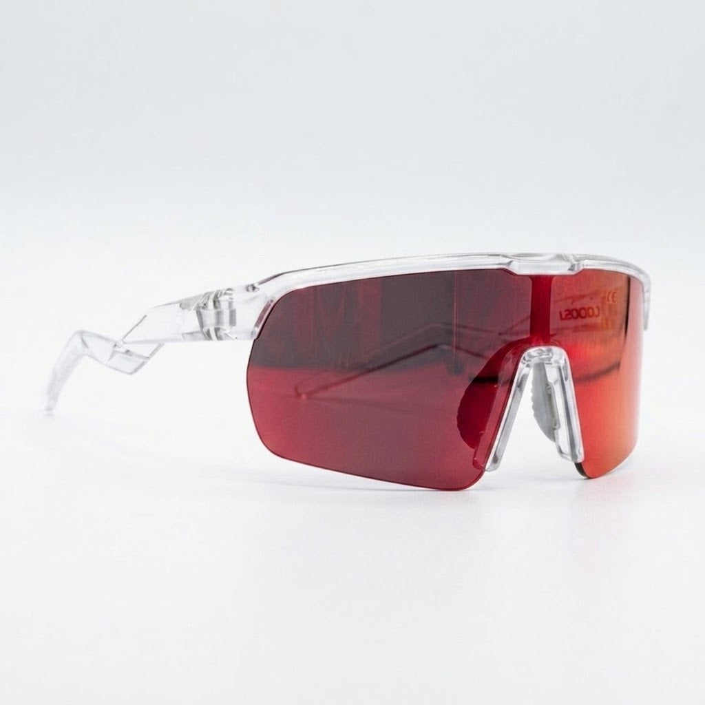 Locked Eyewear Revelation red lens baseball sunglasses in a clear frame for high school hitters with a non-polarized red lens designed to pick up spin and seams while batting in bright afternoon light
