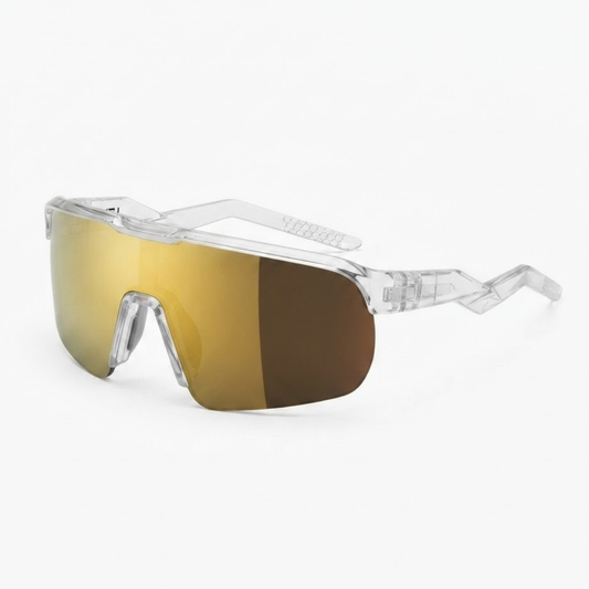 Locked Eyewear Revelation gold lens baseball sunglasses in a clear frame for center fielders with a reflective non-polarized shield lens designed to cut glare while tracking deep fly balls under bright sun
