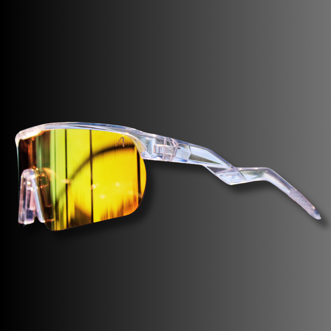 Right angle of gold-lens polarized sport sunglasses with high-grip clear frame – pro performance design by Locked Eyewear for baseball players
