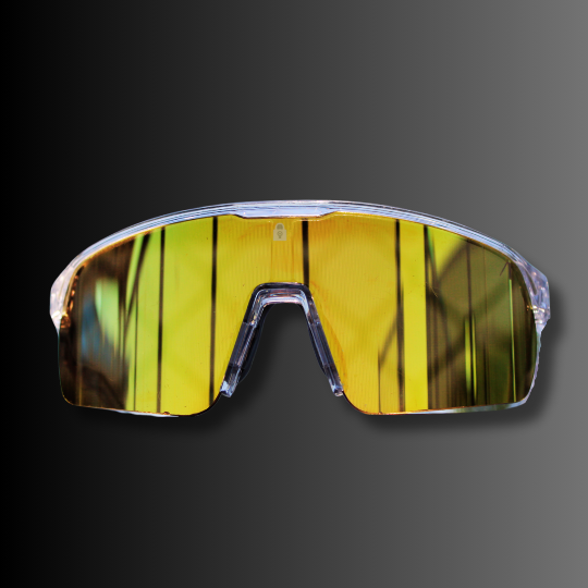 Left side view of Revelation Pro Series sunglasses featuring Oakley-level build, clear frame, and gold reflective lens for elite athletes.