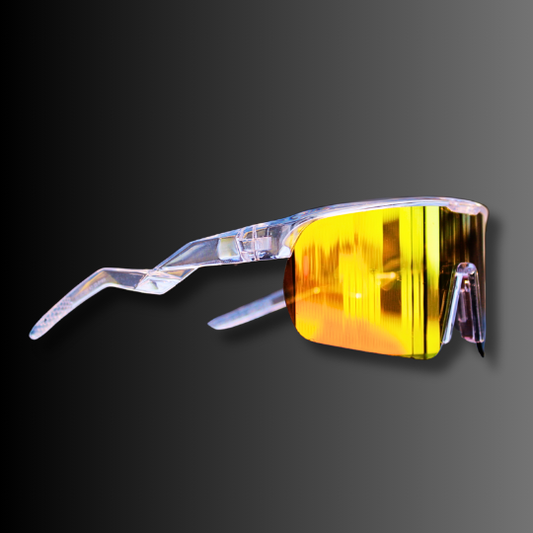Front view of Revelation Pro Series baseball sunglasses with gold polarized lens and clear zig-zag frame – UV400 sport sunglasses by Locked Eyewear