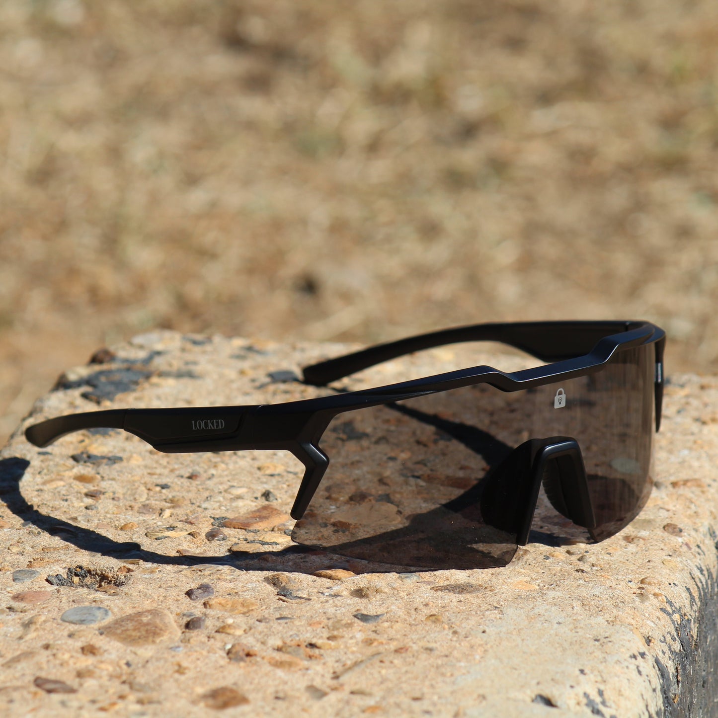 Top-down view of Locked Eyewear Tiger sunglasses, highlighting the ergonomic frame and lens design for optimal comfort.