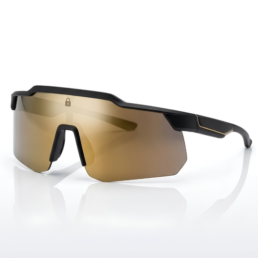 Locked Eyewear Defender baseball sunglasses for outfielders with a gold mirror shield lens designed for tracking fly balls against bright sky during day games